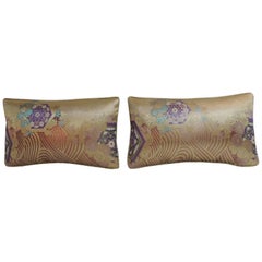 Pair of Vintage Gold and Purple Woven Textiles Obi Lumbar Pillows