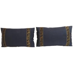 Pair of Blue and Gold Obi Silk Lumbar Vintage Decorative Pillows