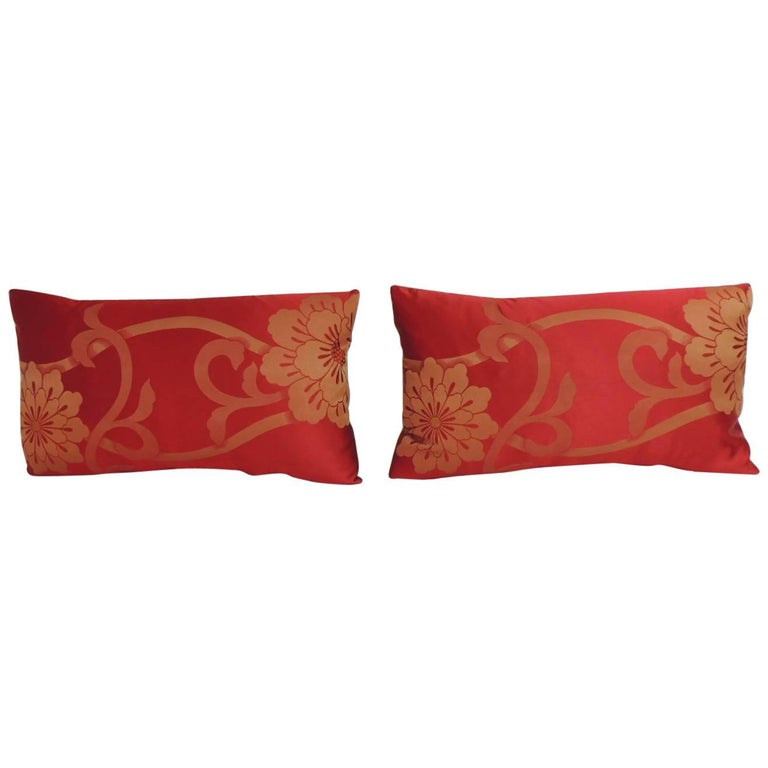 Pair Of Red And Gold Floral Woven Obi Lumbar Decorative Pillows At
