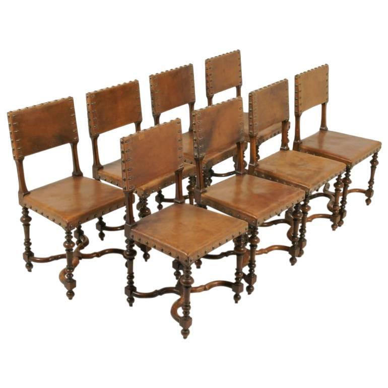 Set of Eight Antique French Walnut and Leather Chairs