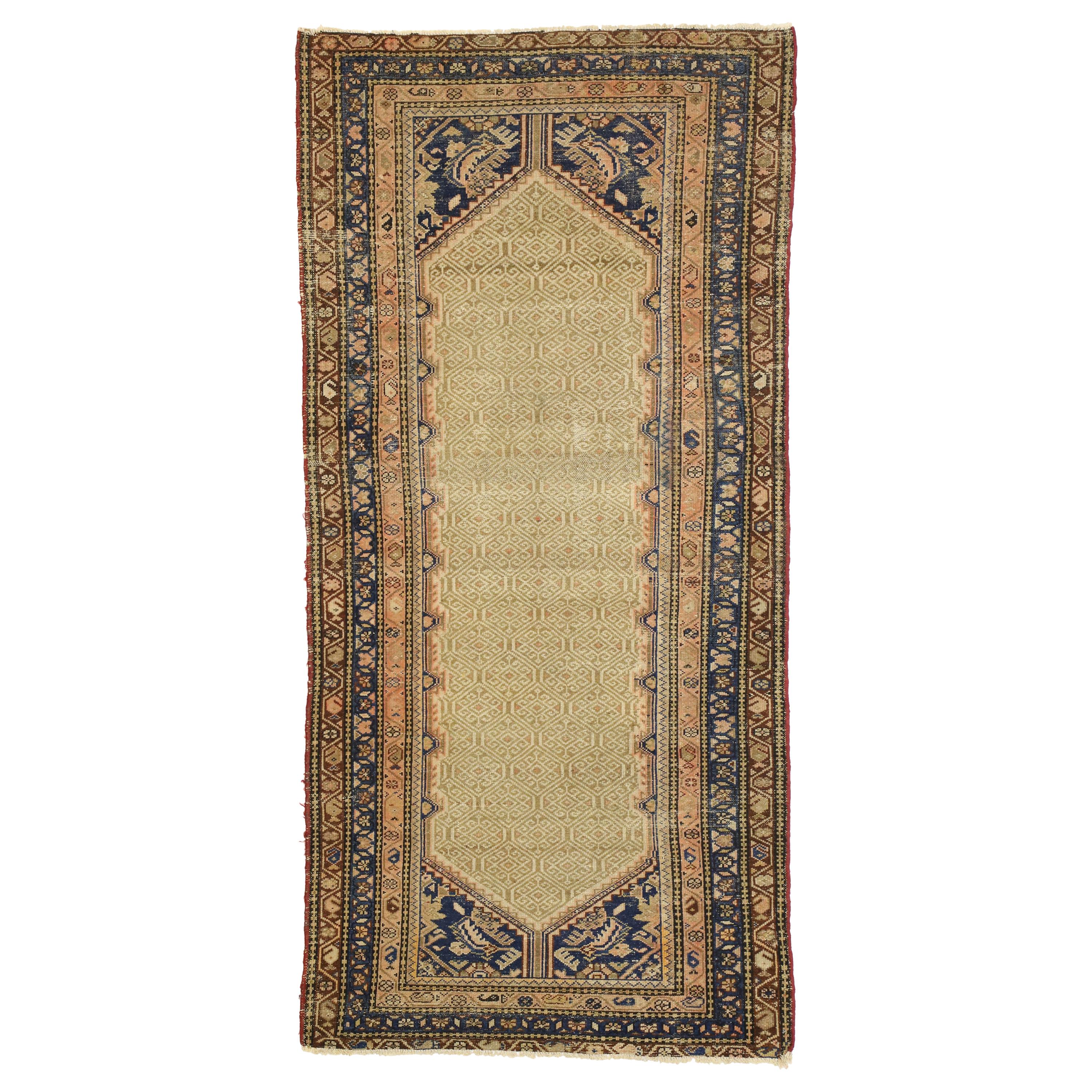 Distressed Antique Persian Malayer Runner with Warm, Feminine Rustic Style For Sale