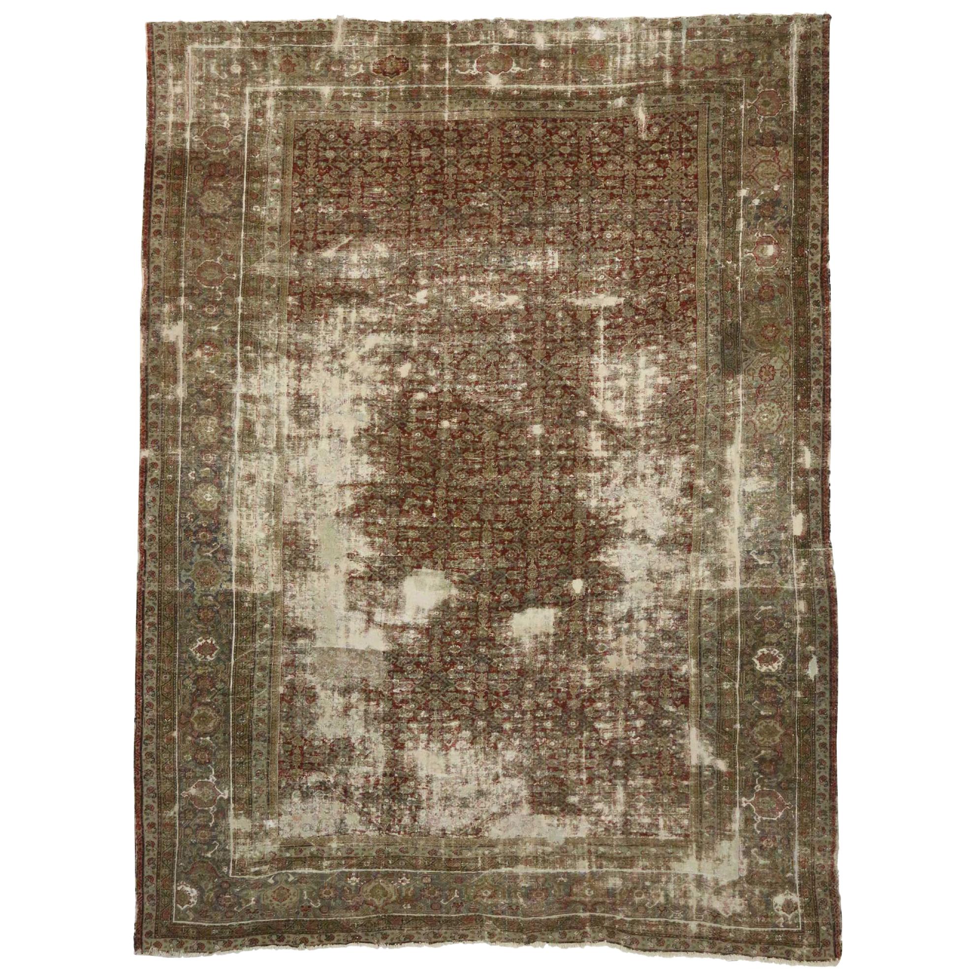 Antique-Worn Persian Sultanabad Rug, Weathered Beauty Meets Rustic Adirondack  For Sale