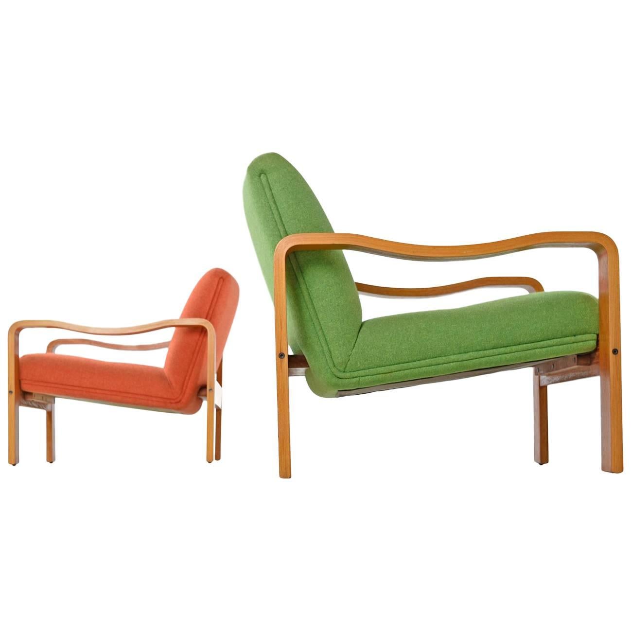 Vintage Original Scandinavian Bent Teak Wool Upholstered Lounge Chairs, 1970s