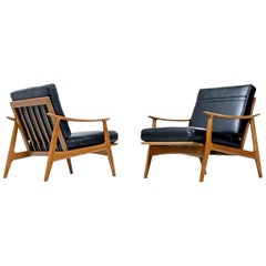 Sculpturelle Danish Lounge Chairs by Rubee Solid Beechwood Black Leather, 1960s
