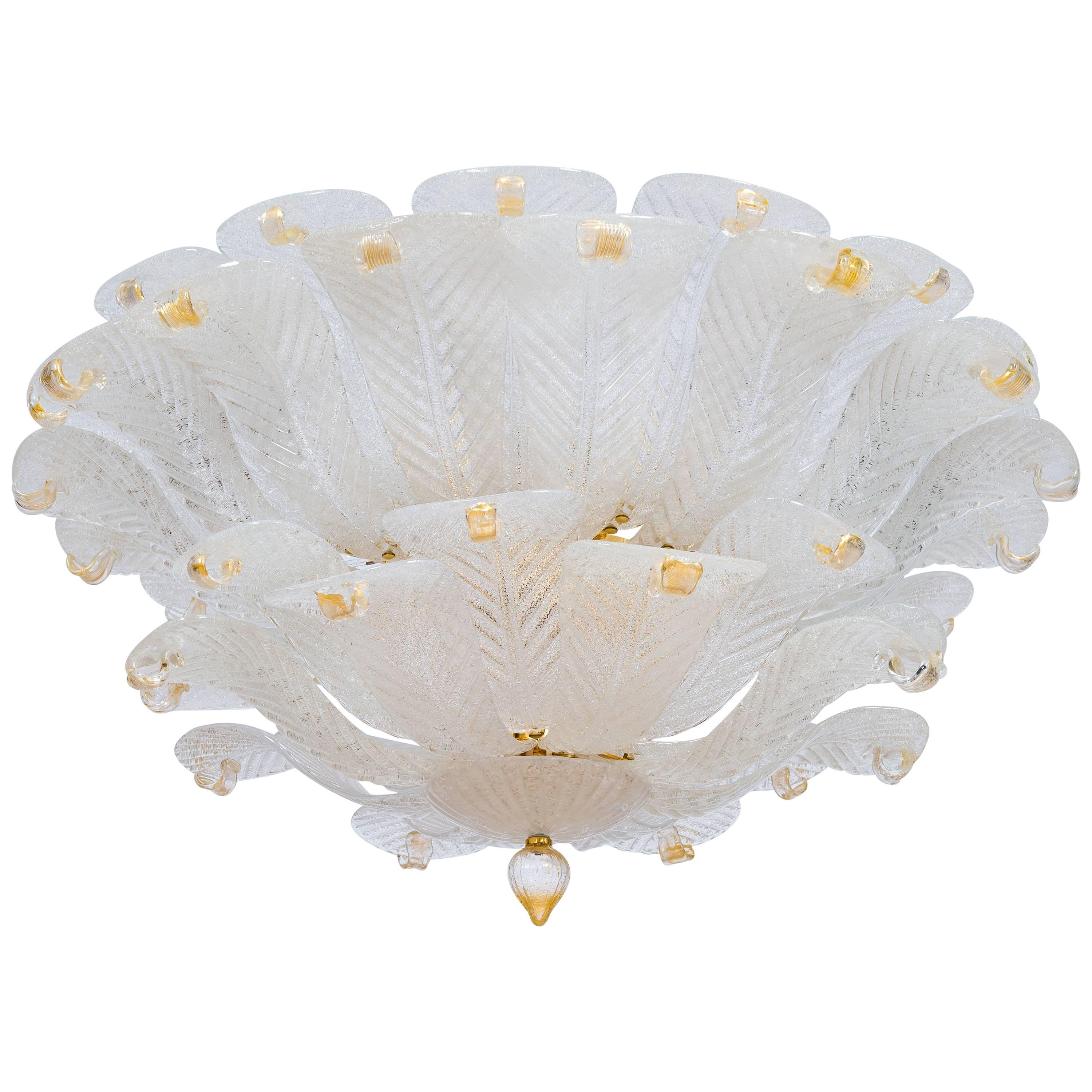 Italian Flush Mount in Murano Glass Milk color leaves and Gold fineshes, 1990s For Sale