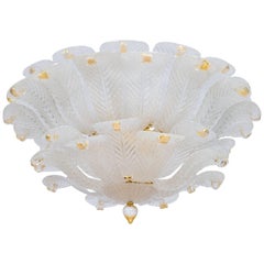 Vintage Italian Flush Mount in Murano Glass Milk color leaves and Gold fineshes, 1990s