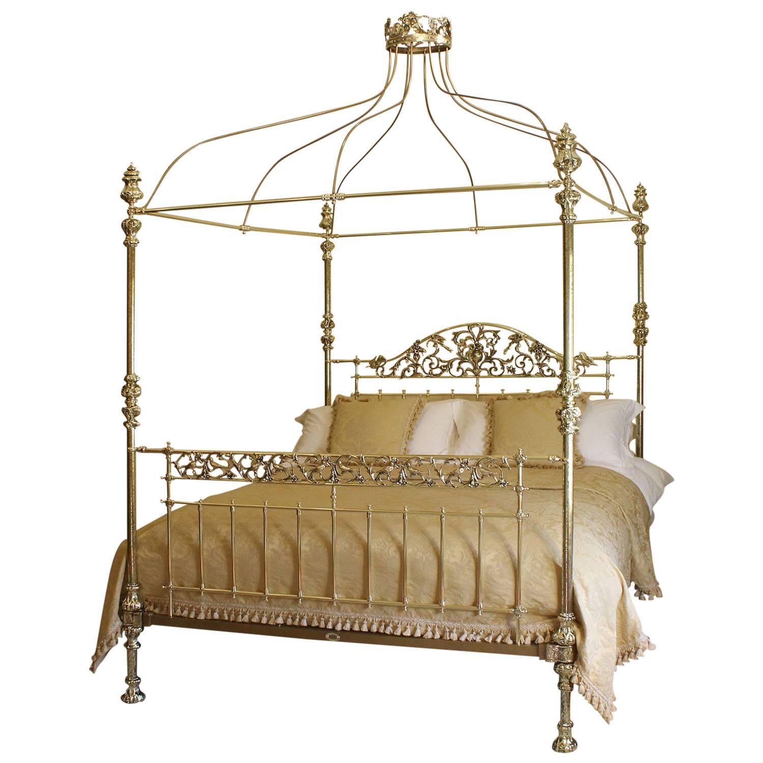 Wide Brass Four Poster Bed with Song Bird Castings and Crown, M4P25