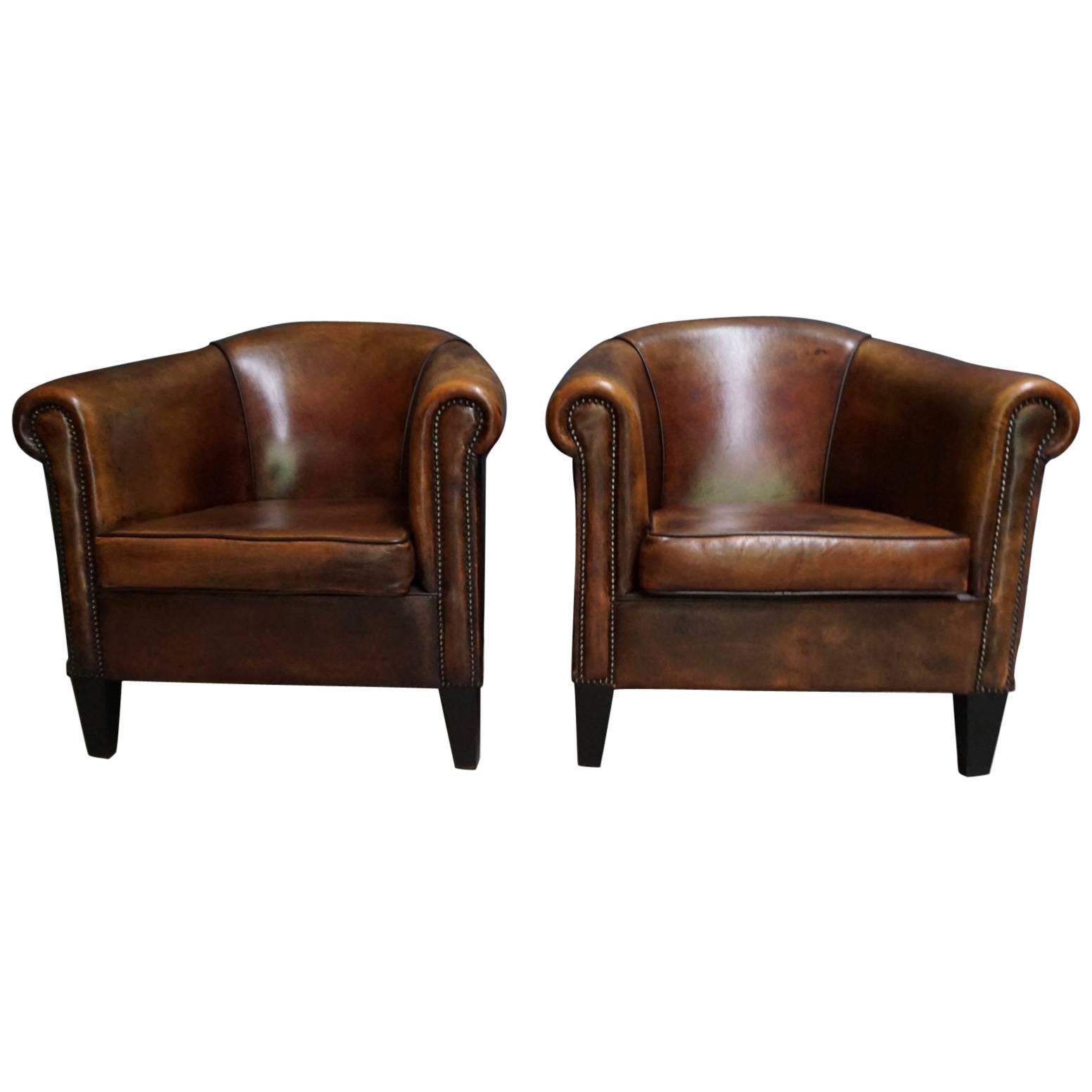 Vintage Dutch Cognac Leather Club Chairs, Set of Two