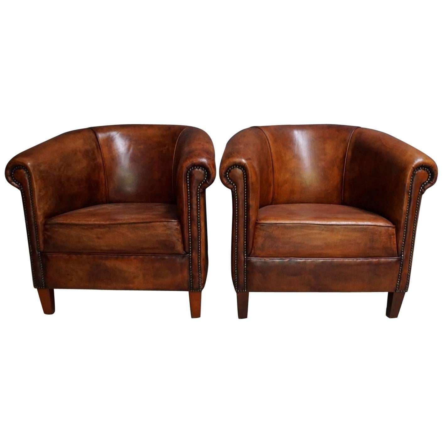 Vintage Dutch Cognac Leather Club Chairs, Set of Two