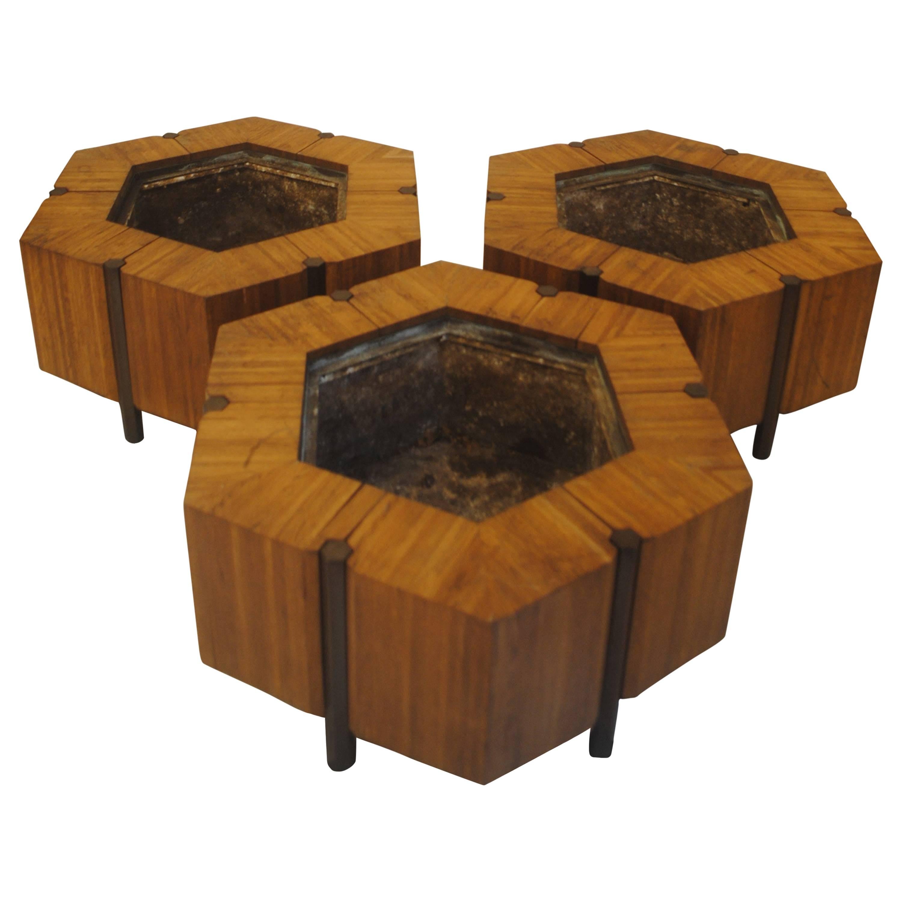 Jardinieres by Jules Wabbes Hexagonals in Light Wood, circa 1968-1969