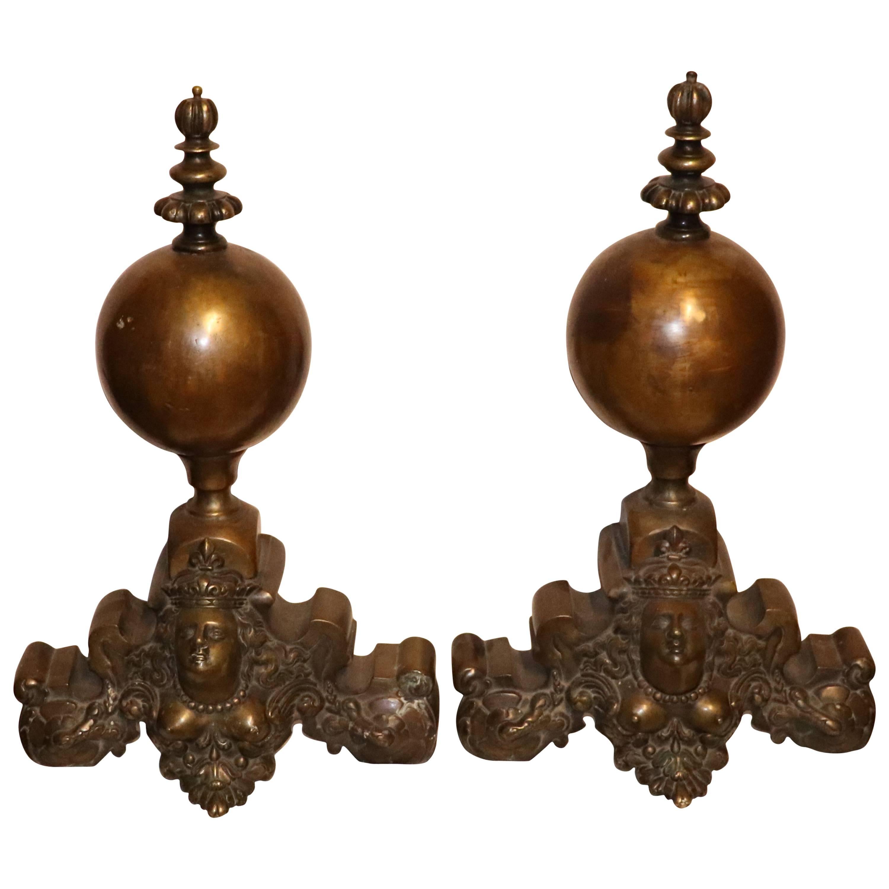 Pair of French Baroque Bronze Chenets For Sale