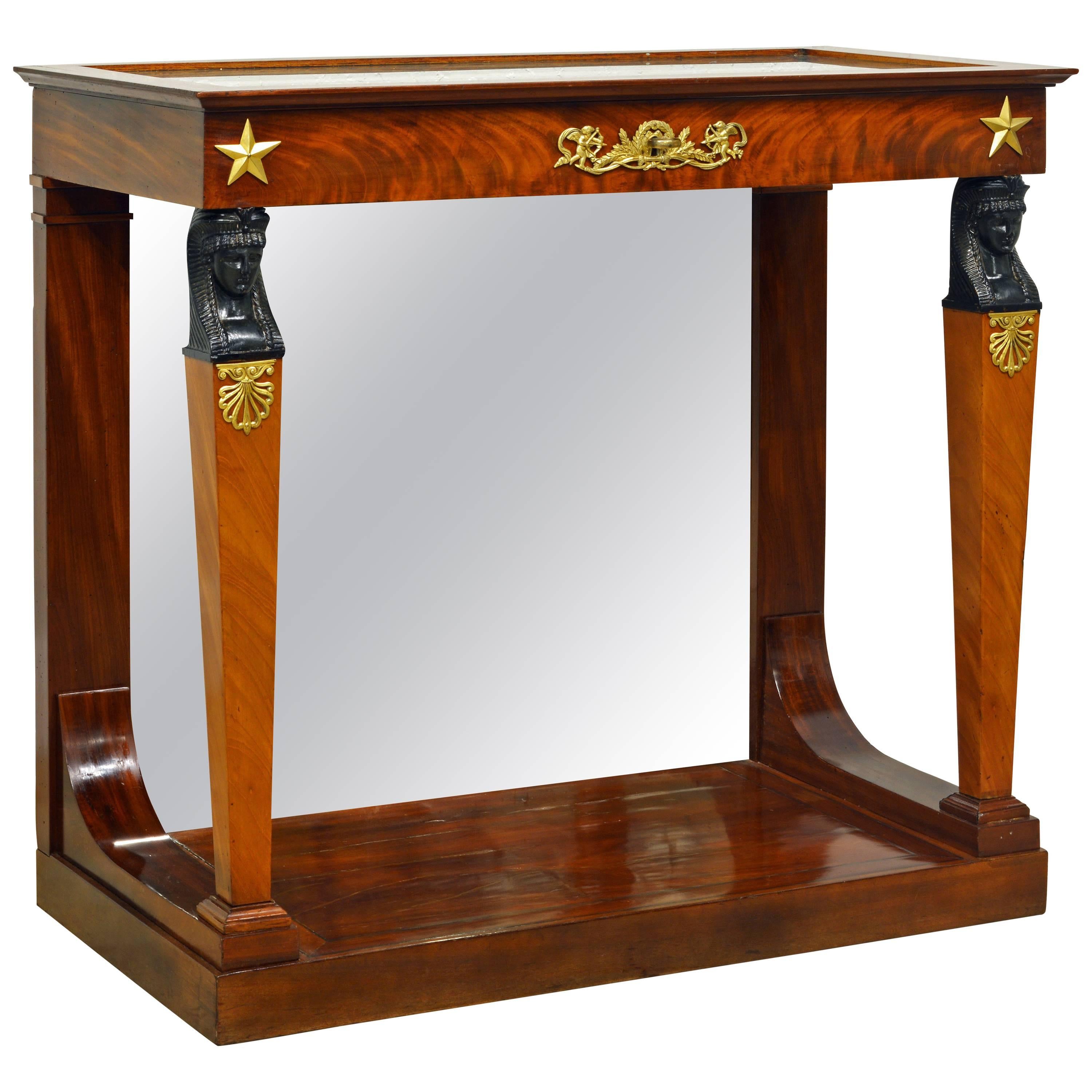 19th Century French Empire Style Egyptian Themed Mahogany Vitrine Console Table