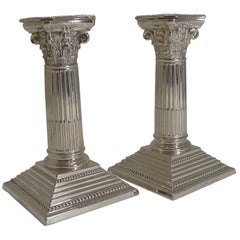 Pair of Antique English Silver Plated Candlesticks, Corinthian Columns