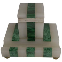 Vintage Art Deco Onyx, Malachite and Sterling Silver Inkwell by John Griffith & Sons