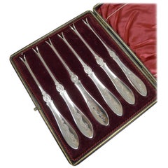 Cased Set Antique English Sterling Silver Lobster Picks by Walker and Hall