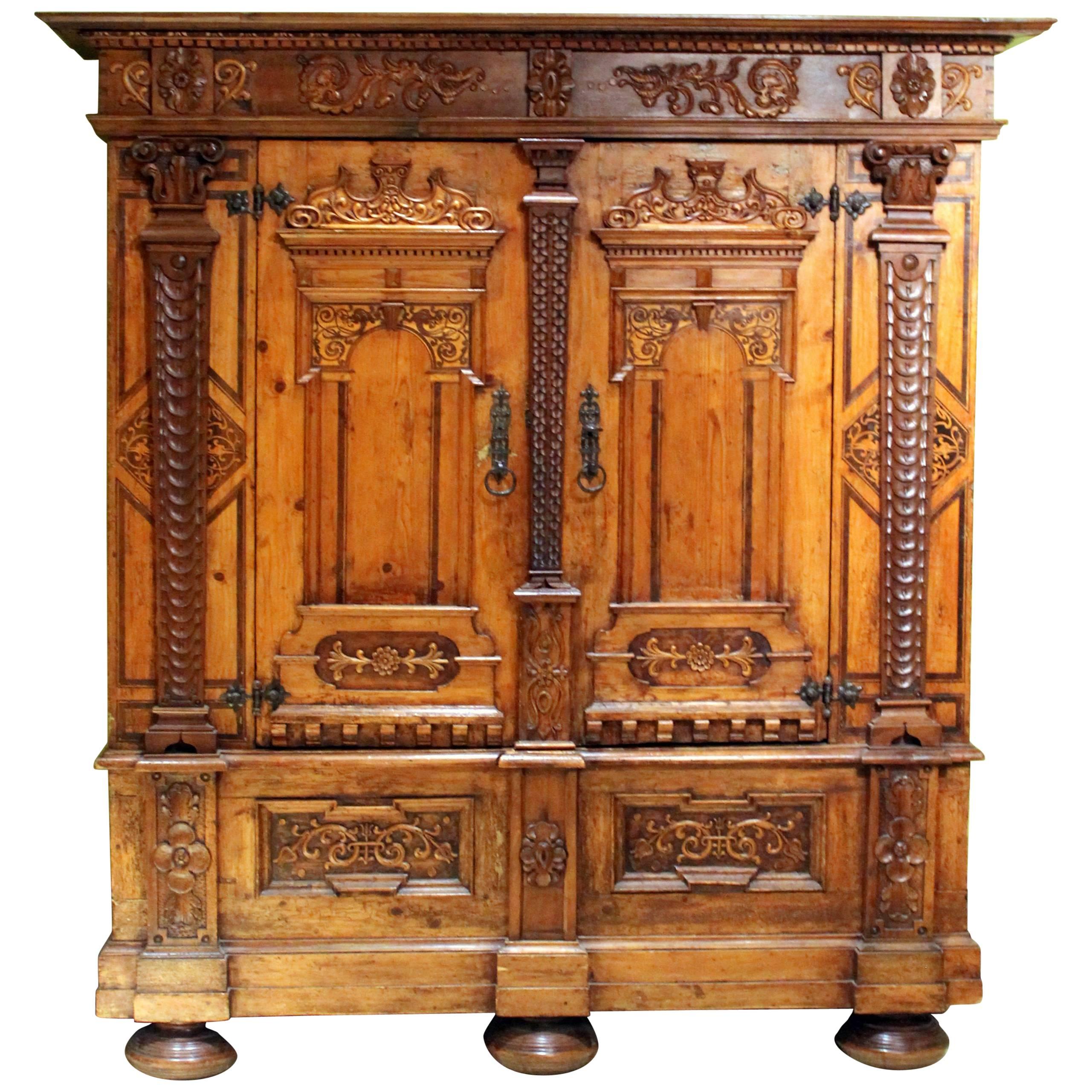 Austrian 17th Century Baroque Two Doors Walnut Wood, Birch, Oak Wardrobe Cabinet
