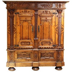 Antique Austrian 17th Century Baroque Two Doors Walnut Wood, Birch, Oak Wardrobe Cabinet