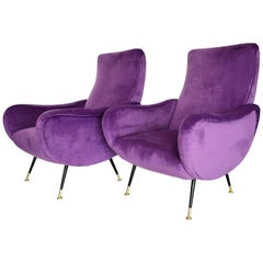 Italian Armchairs Restored with Light Purple Velvet, 1950s