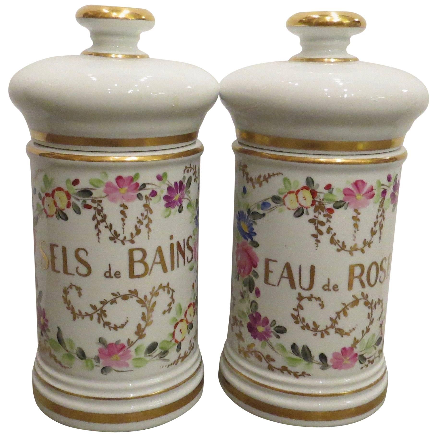 20th Century French Porcelain, Hand-Painted Lidded Jars For Sale