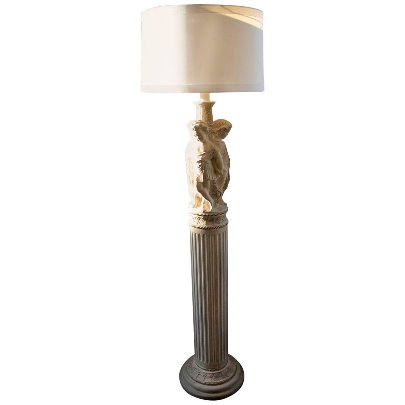 SALE Maison Jansen Style Cherubs Acanthus Leaves Column Carved Floor Light Lamp For Sale