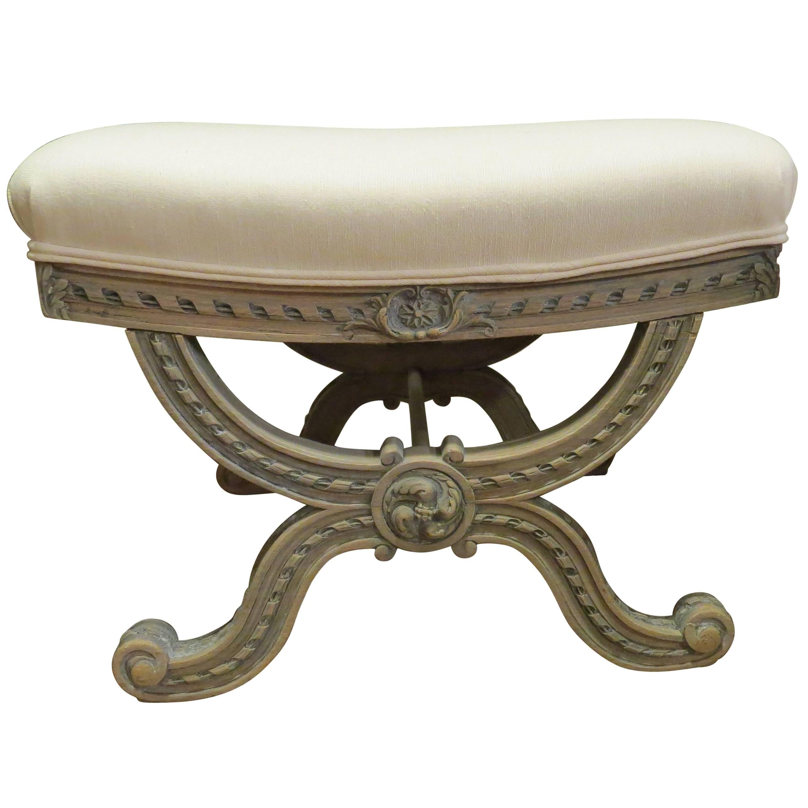 20th Century French Carved, Painted Base Ottoman with Upholstered Top For Sale