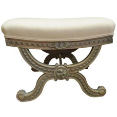 20th Century French Carved, Painted Base Ottoman with Upholstered Top