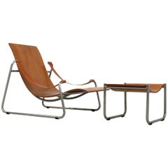 Plywood Lounge Chair and Ottoman 1950s Tubular Nickel Frame