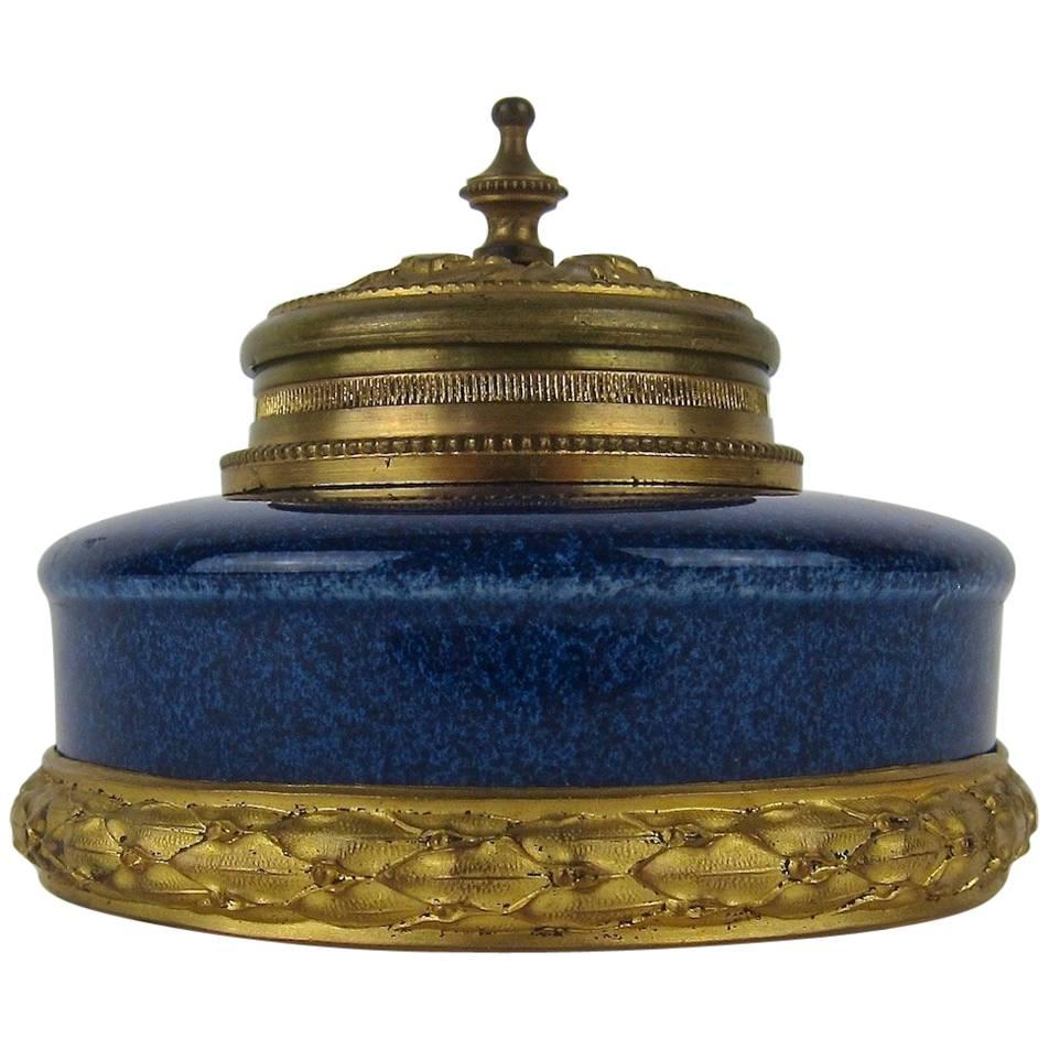 Antique Paul Milet French Faience Inkwell with Neoclassical Gilt Bronze Mounts
