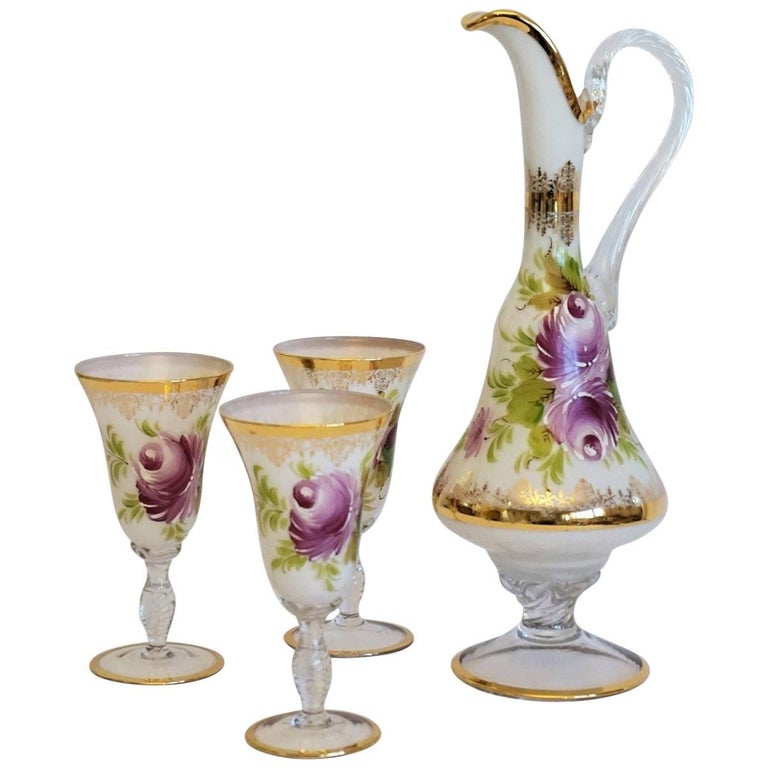 Italian Vintage White Opaline Crystal Glass HandPainted Carafe and