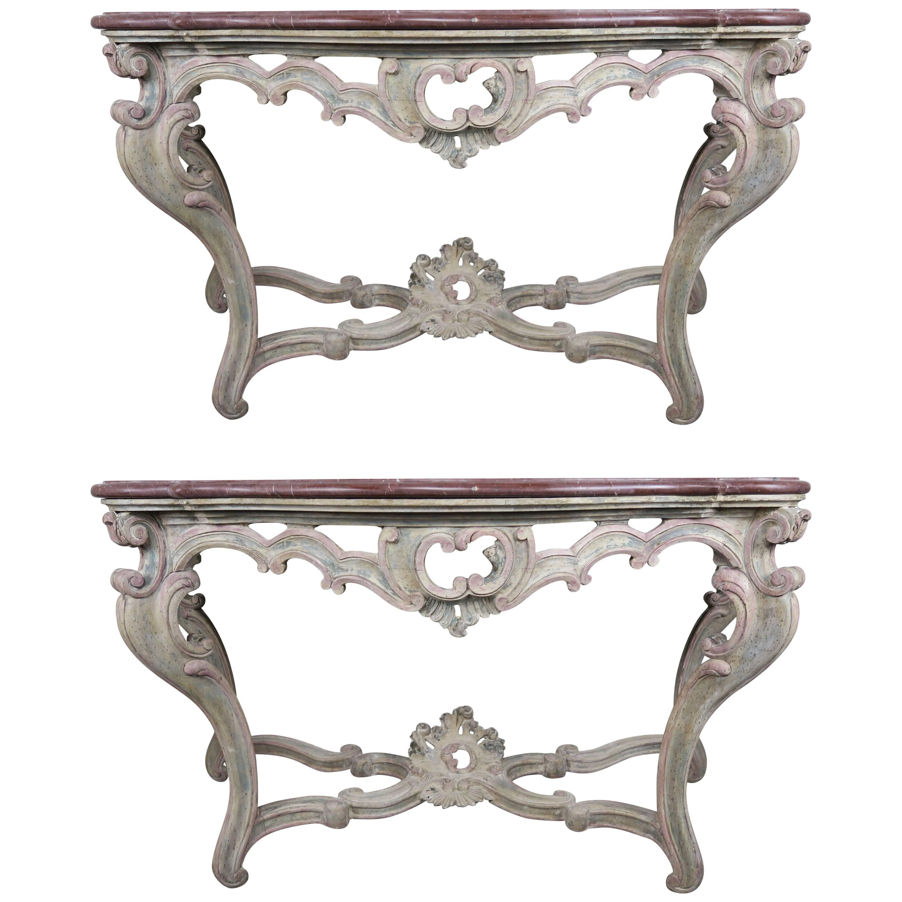 Pair of 19th Century Louis XV Style Painted Consoles with Marble Tops