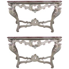 Pair of 19th Century Louis XV Style Painted Consoles with Marble Tops