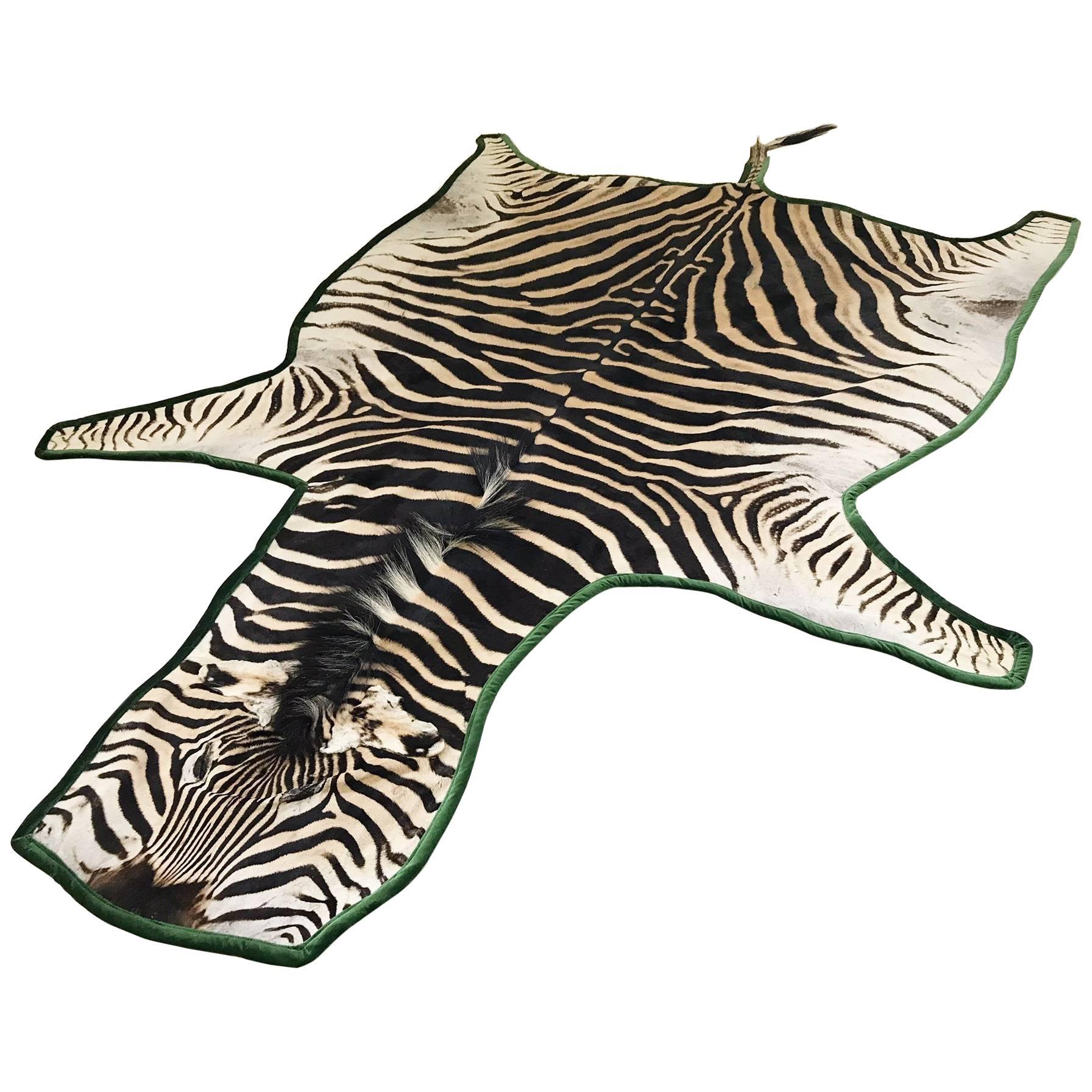 Forsyth Zebra Hide Rug Trimmed in Emerald Green Velvet at 1stDibs