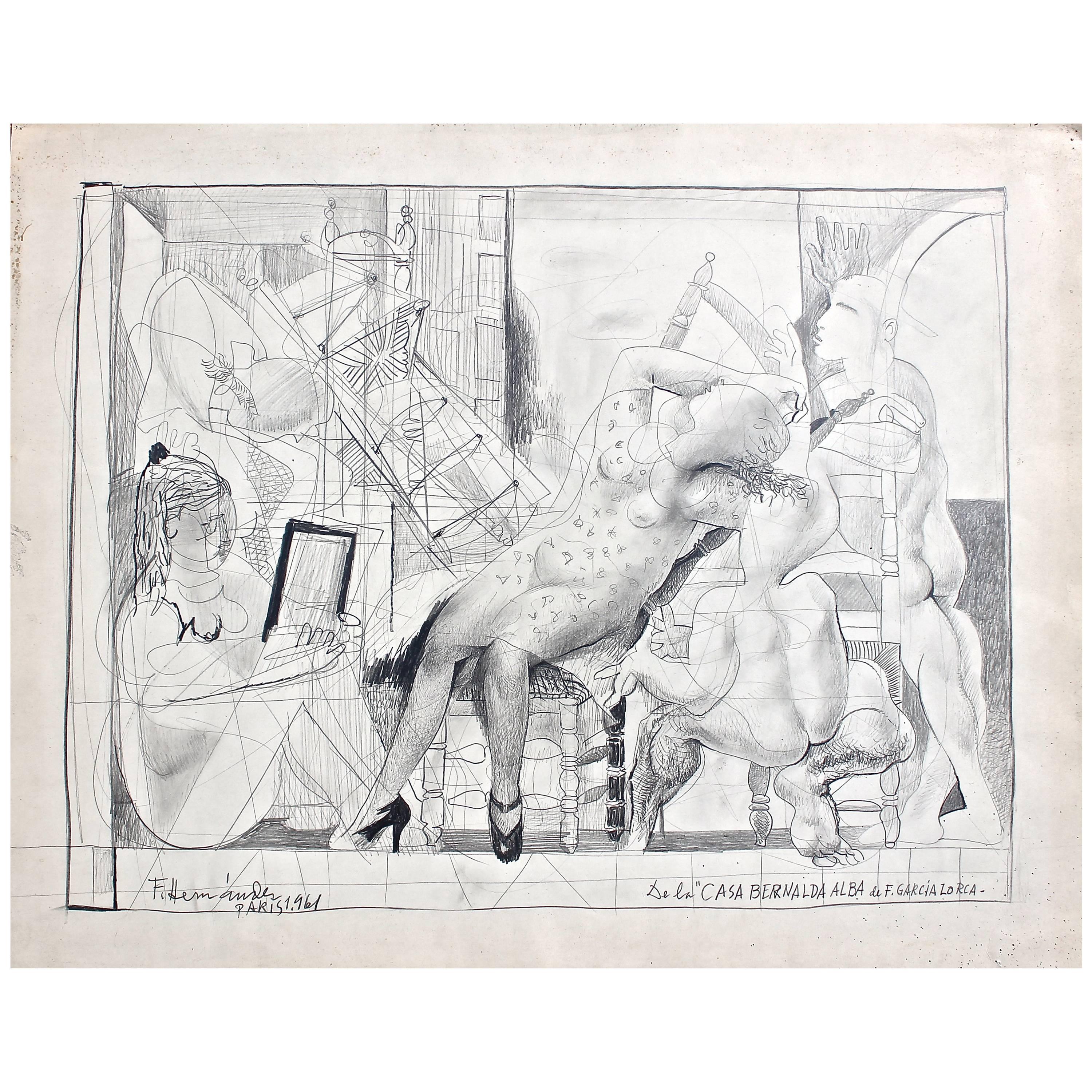 Francisco Hernandez Drawing "Casa Bernalda Alba De Garcia Lorca" For Sale