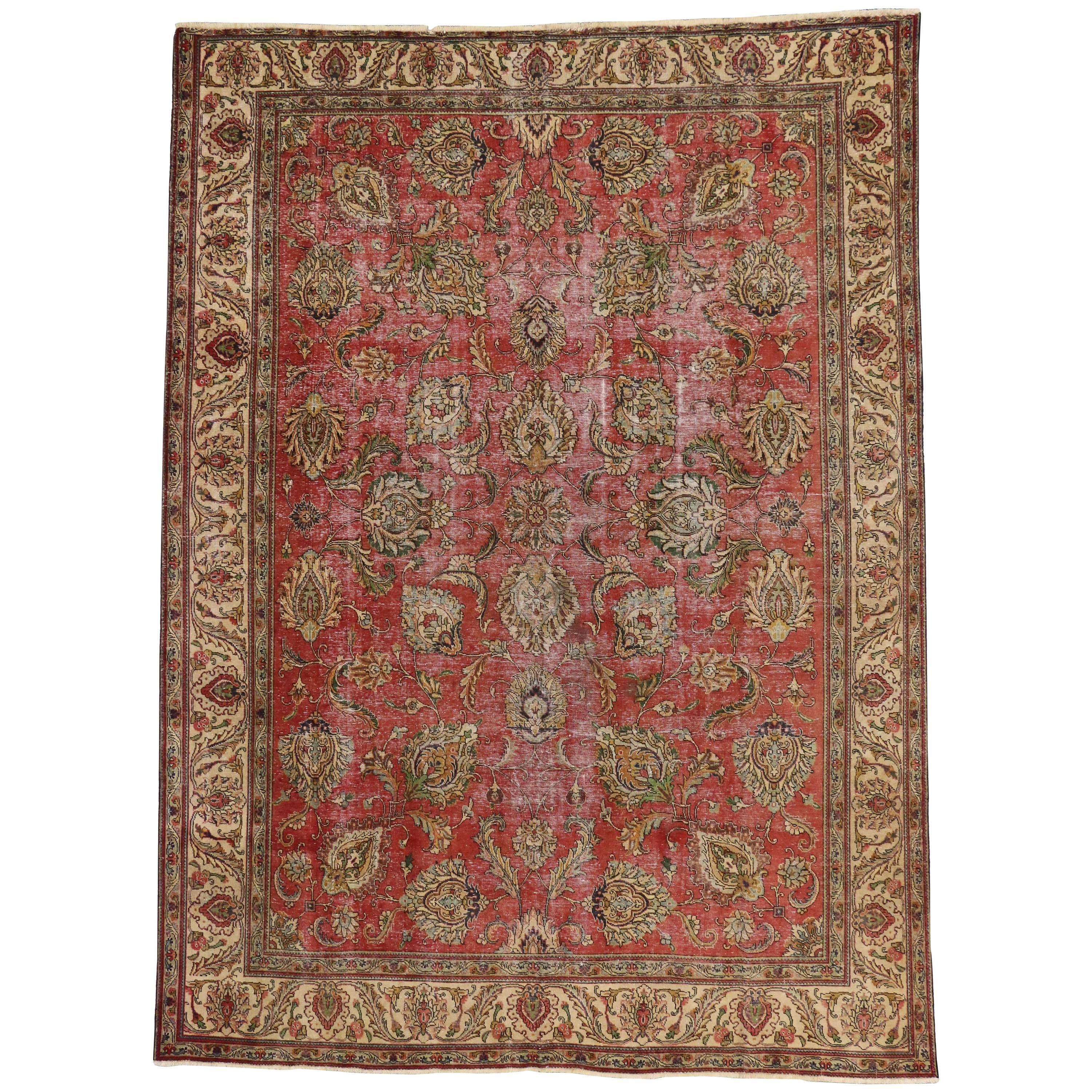 Distressed Vintage Persian Tabriz Rug with Modern Rustic Industrial Style