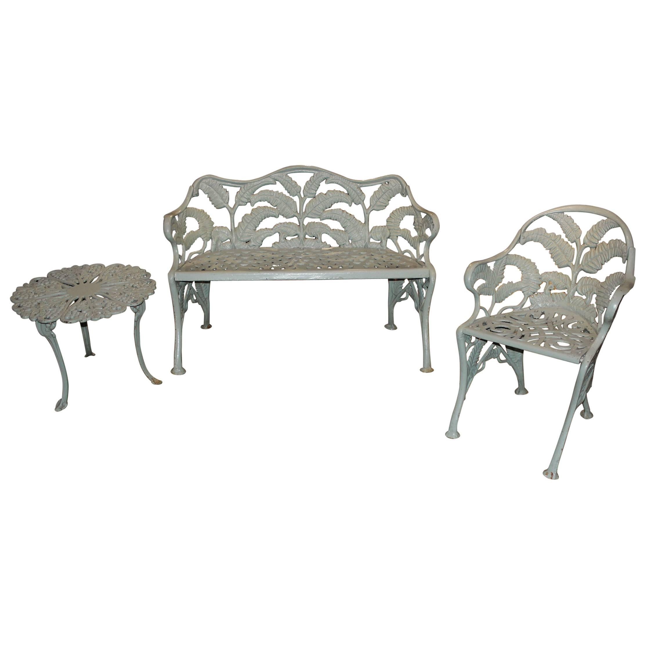 Three-Piece Set of Cast Iron Garden Furniture in Celadon Green