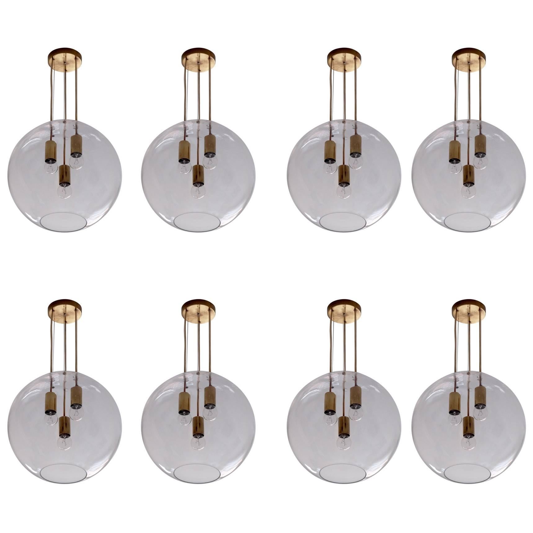Set of six Blown Glass and Brass Pendants, Sweden, 1960s For Sale