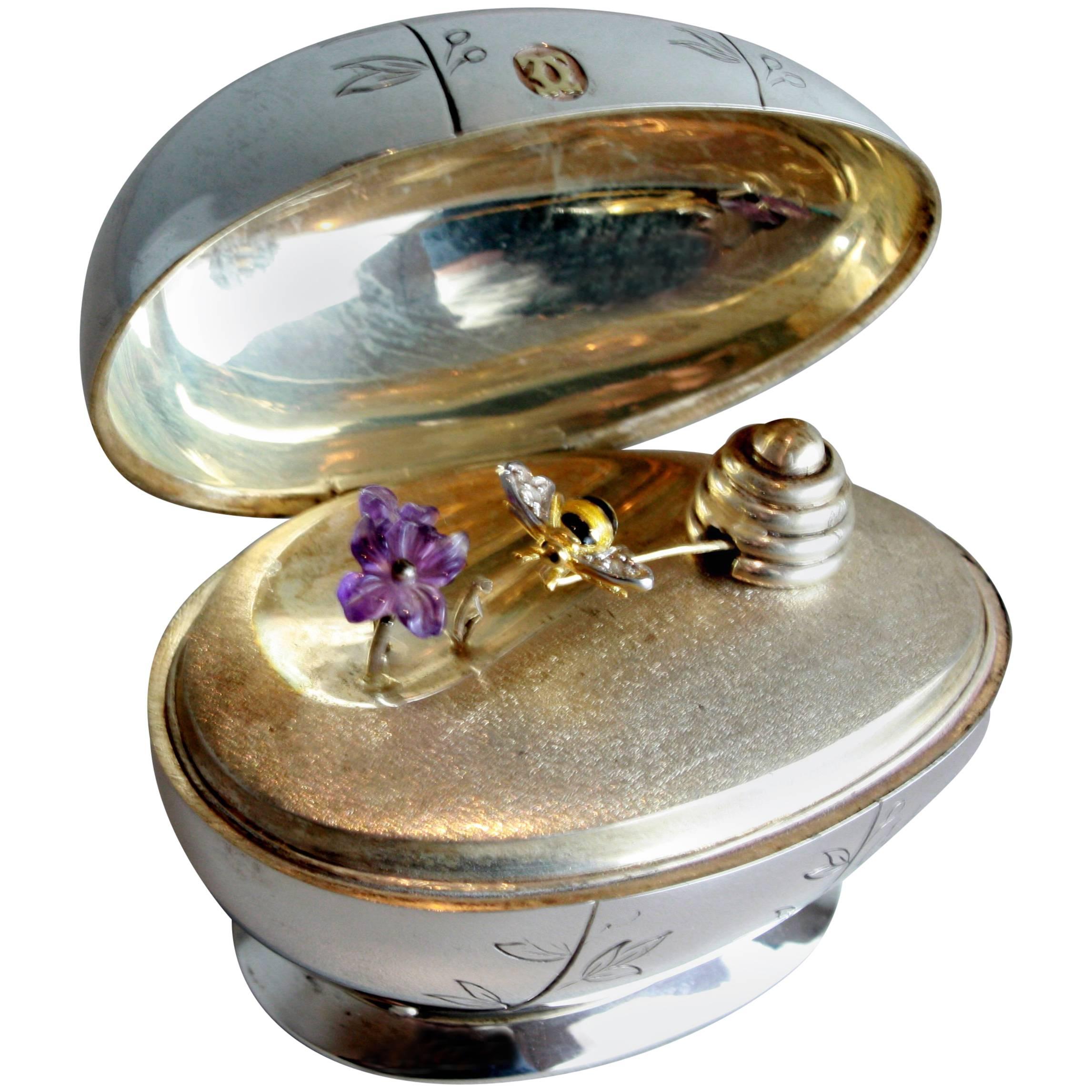 Vintage Cartier Egg with Diamond Bee 18 Karat and Silver Edition of Just 25