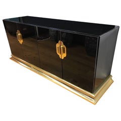 Vintage Art Deco Black Lacquer and Brass Sideboard Credenza Buffet Bar