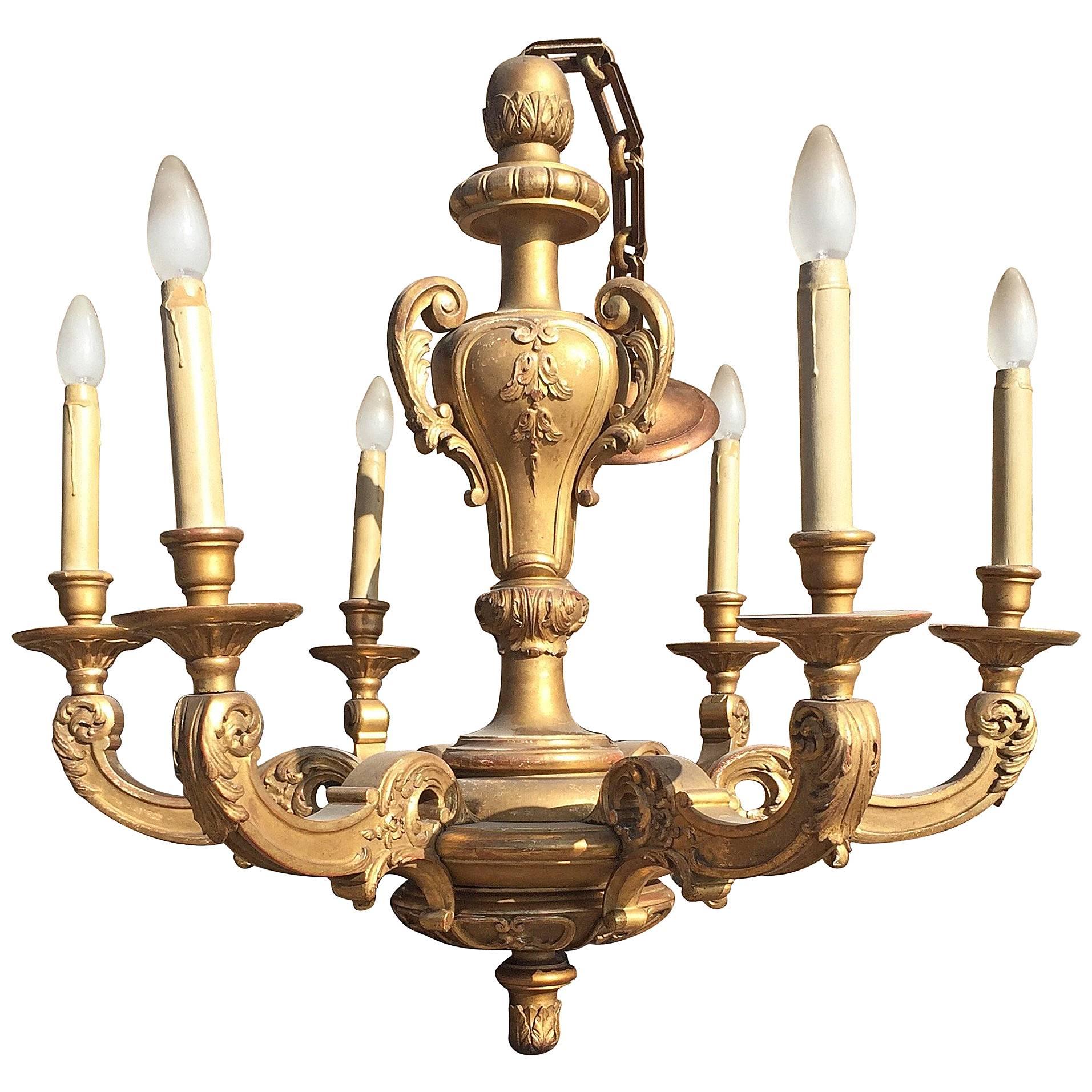 Early 1900s Art Nouveau Era Fine Quality Carved Gilt Chandelier Light Fixture