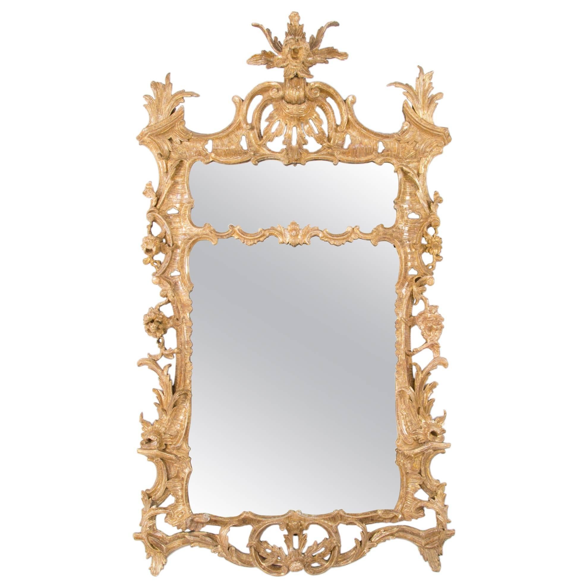 18th Century Carved and Giltwood English Chippendale Mirror, Large Scale