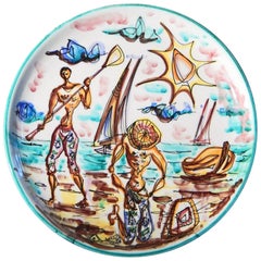 "Mending Nets Beachside, " Rare Midcentury Plate, Società Anonima Marina, Italy