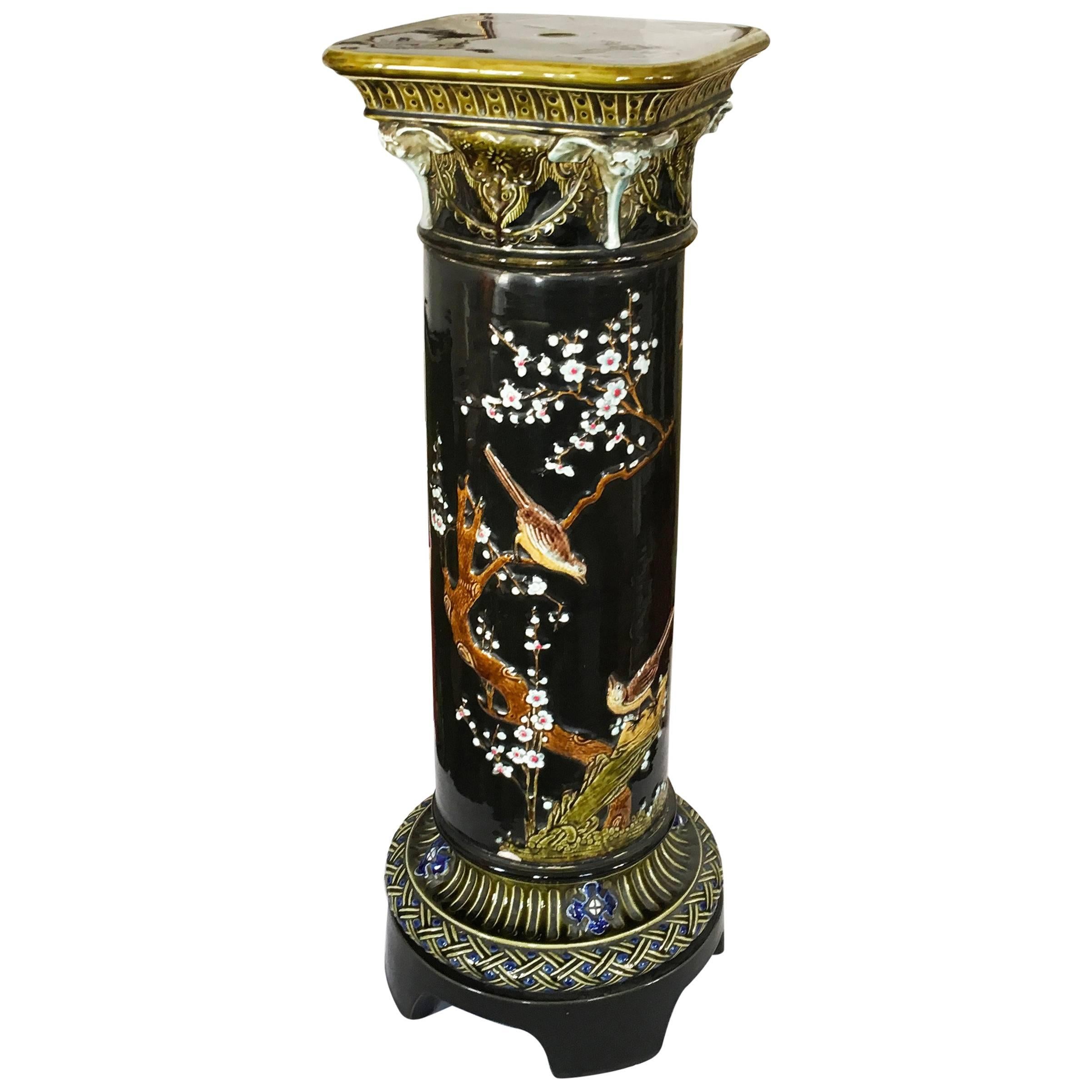 Huge Ceramic Column Flower Stand with Asian Motifs For Sale