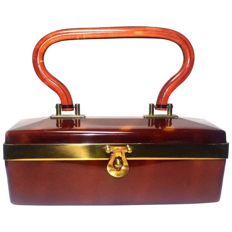 Art Deco Lucite Box Bag in Deep Caramel Coloring at 1stDibs