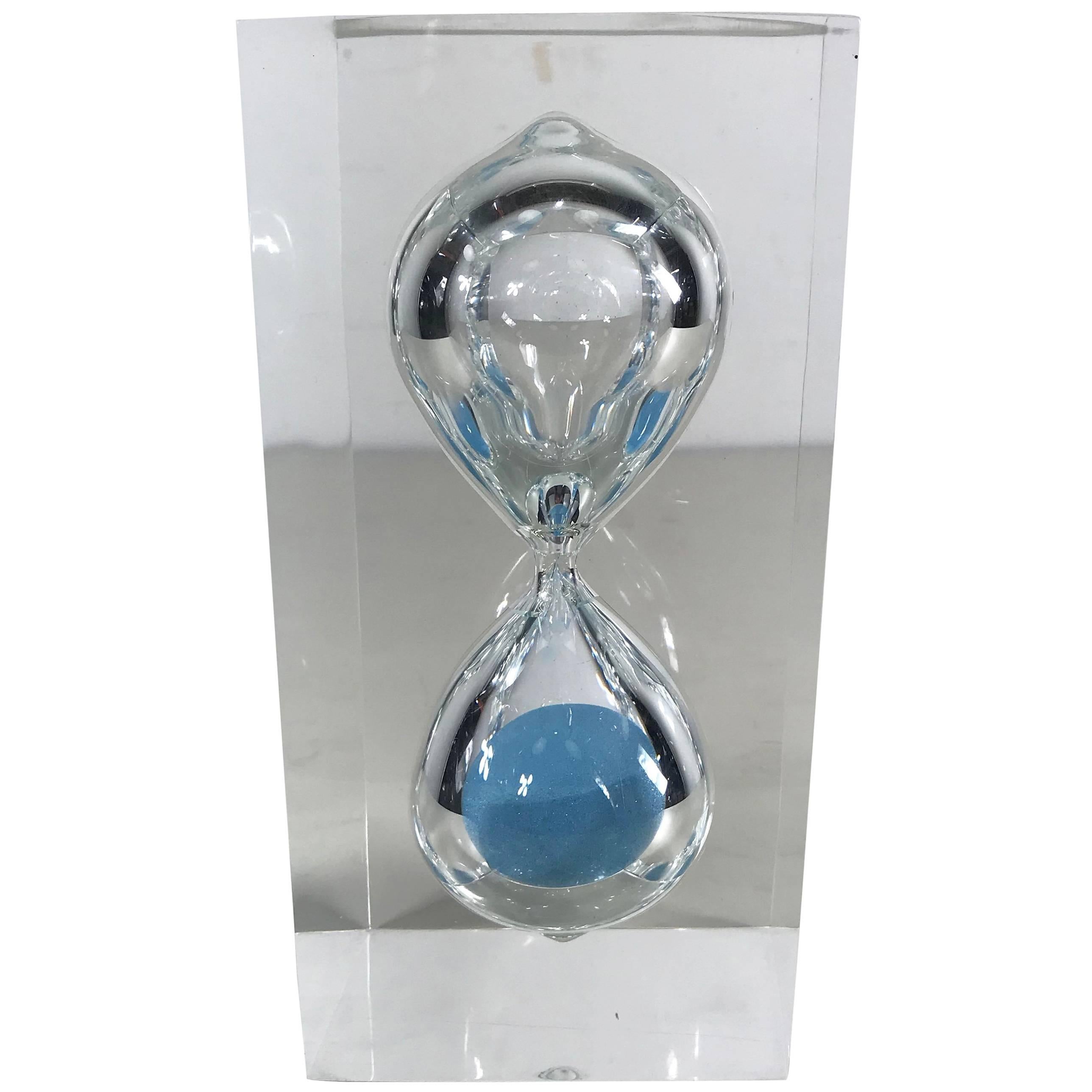 Modernist Lucite Hourglass Sculpture with Ice Blue Sand, Franco Scuderi