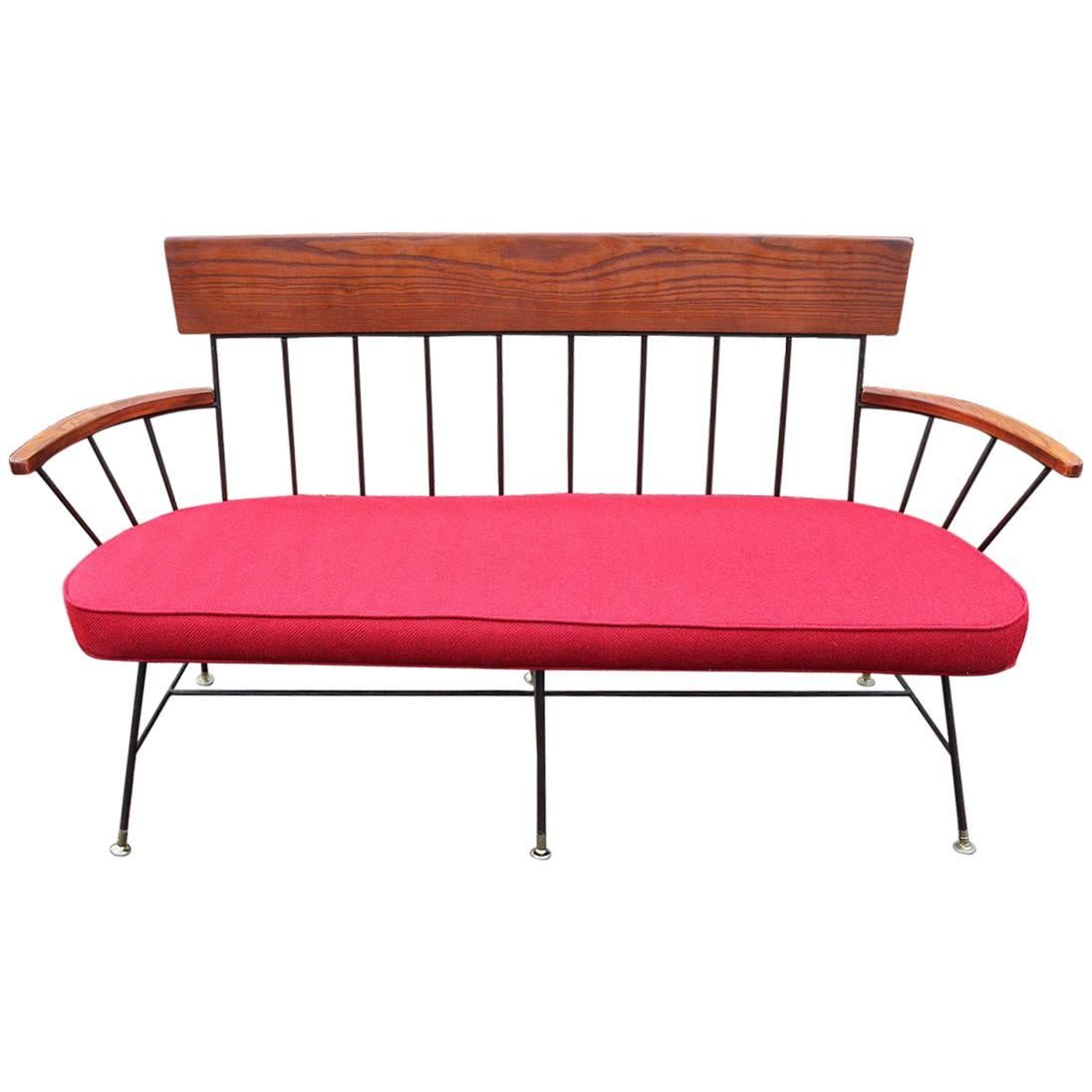 Rare and Fantastic Selrite Three-Seat Settee with Red Wool Upholstery For Sale