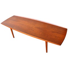 Danish Teak and Oak Surfboard Coffee Table Flared Edges by Trioh, 1960s