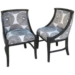 Pair of Lacquered Hollywood Regency Lounge Chairs in New Modern Jacquard