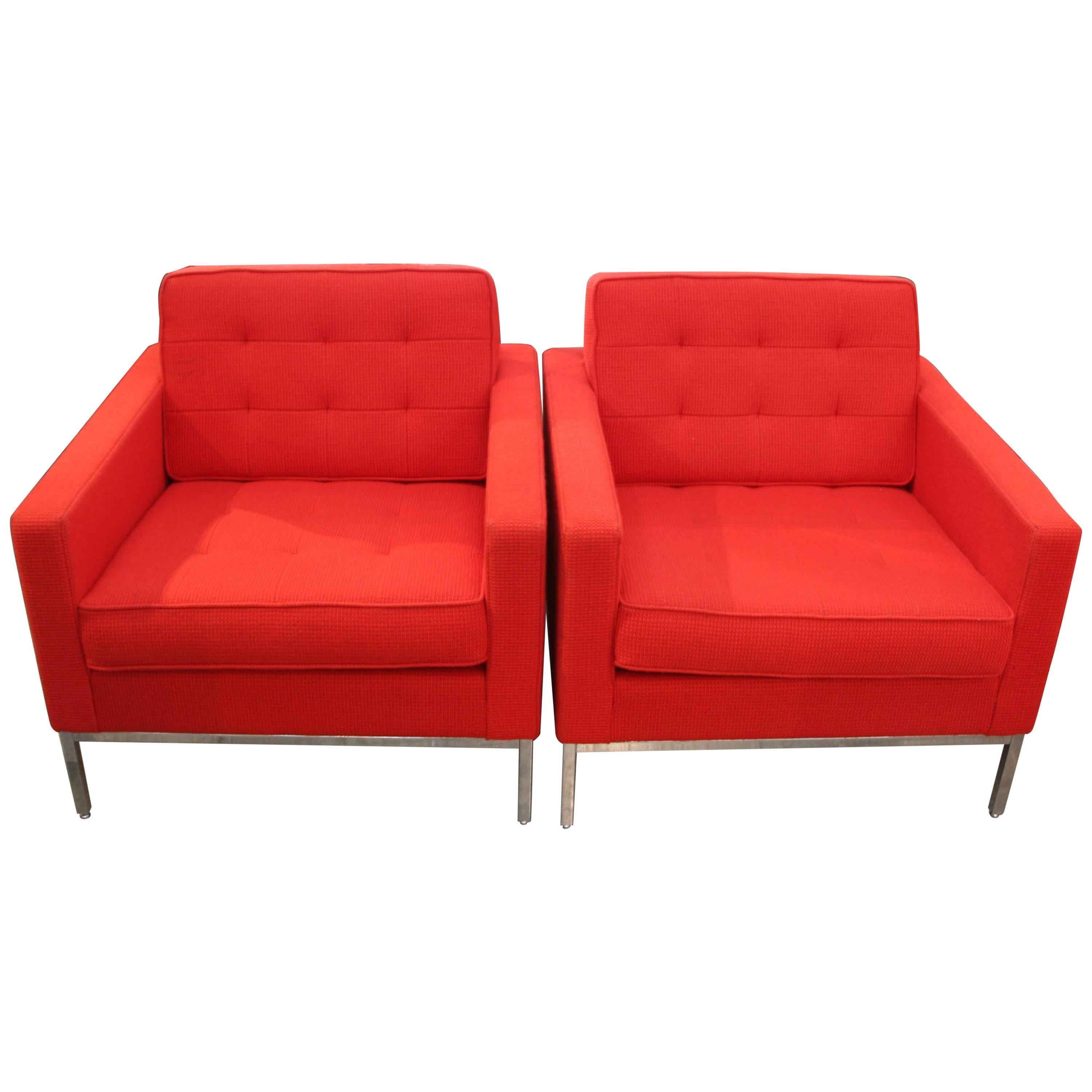 Pair of Florence Knoll Chairs in Cato Fire Red with Label Dated 2014