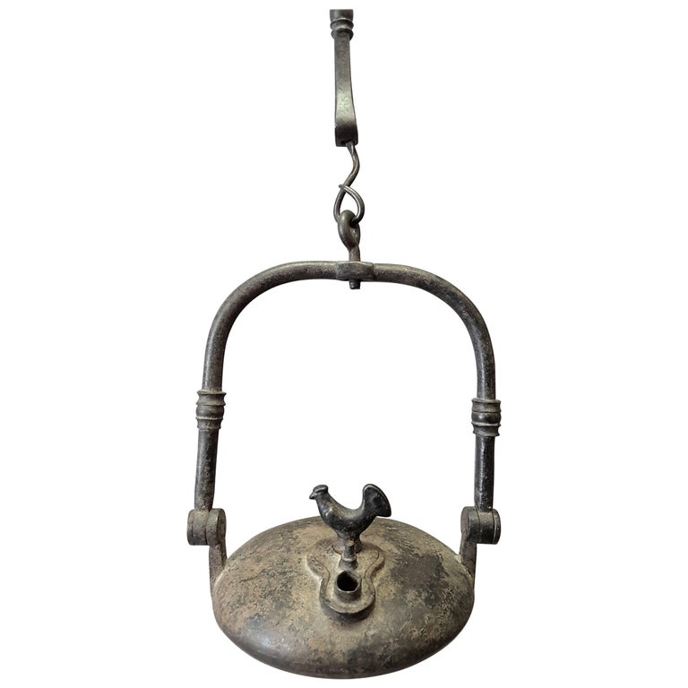 French Cast Iron Hanging Rooster Oil Lamp, 19th Century at 1stDibs