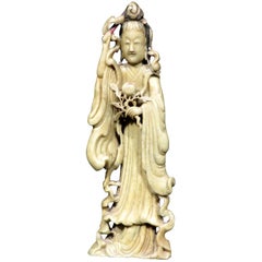 Carved Yellow Soapstone Figure of Guanyin, Chinese circa 1900